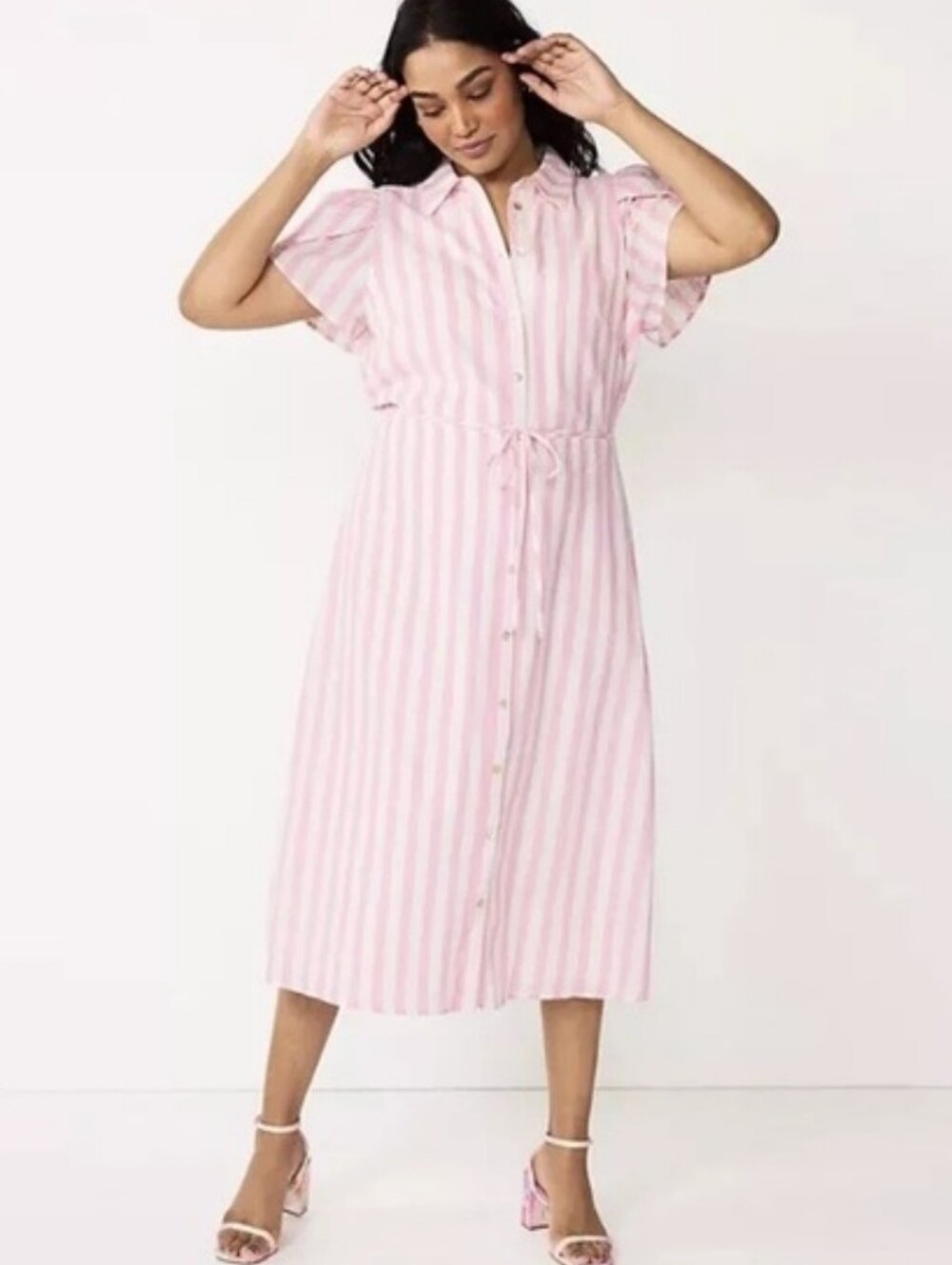 Draper James RSVP Pink & White Stripe Linen Cotton Midi Dress Size XXL